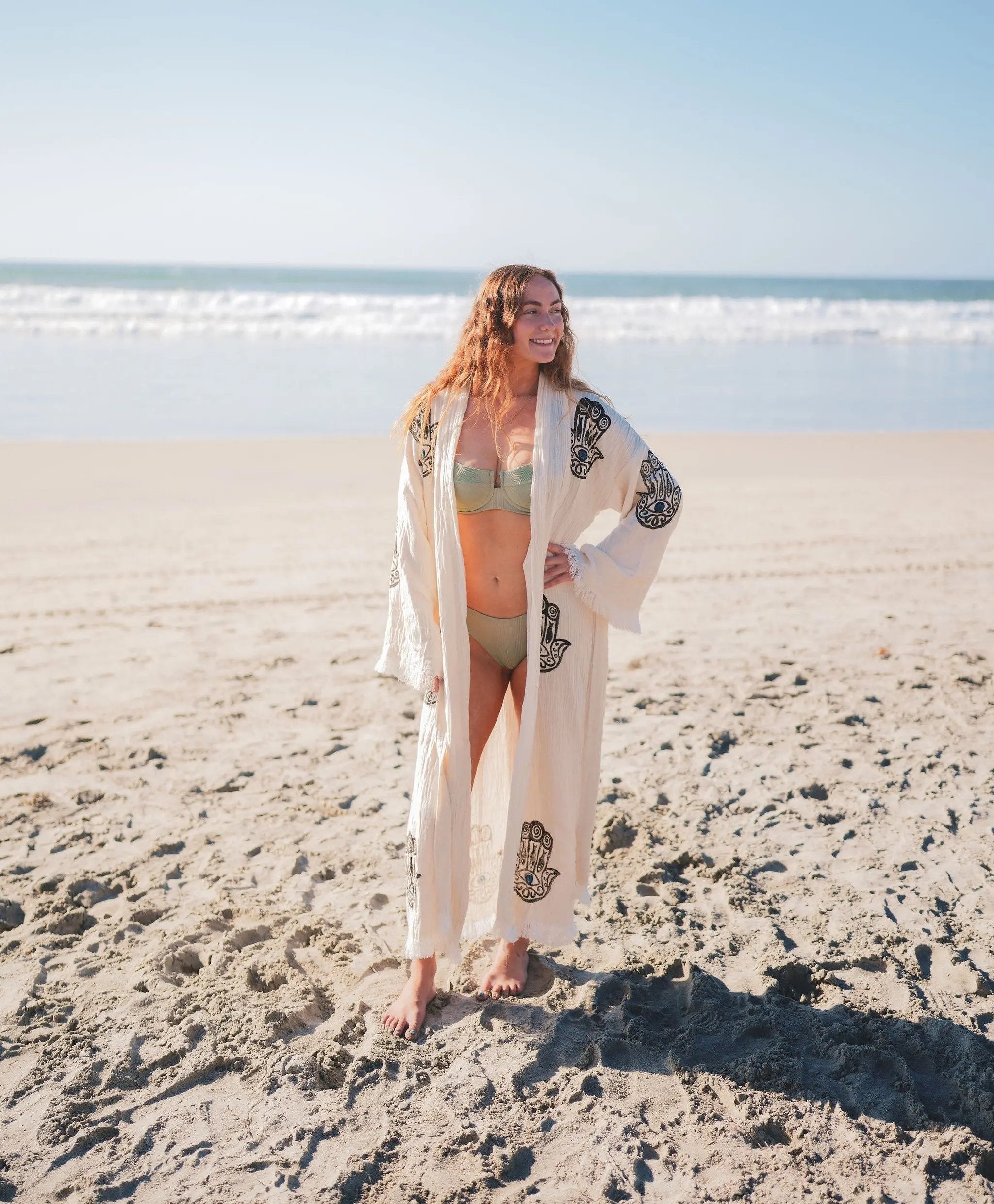 Muslin Cotton Kimono Bathrobe Hamsa Hand Print - Love Salve